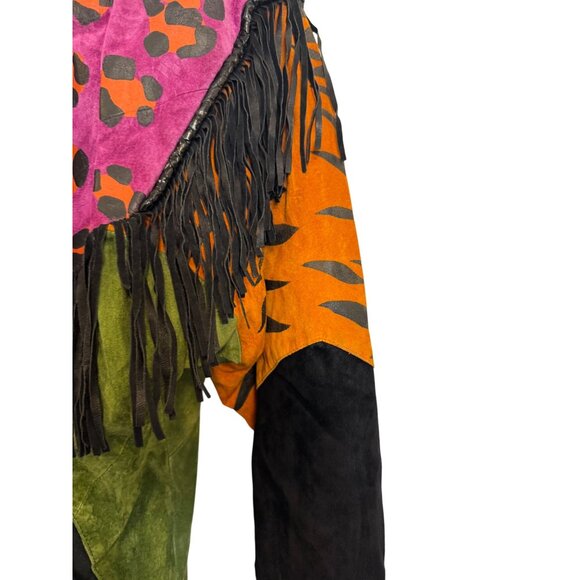 Vintage Char Womens Genuine Leather Fringe Jacket S Multicolor Animal Print Sant - Picture 7 of 12